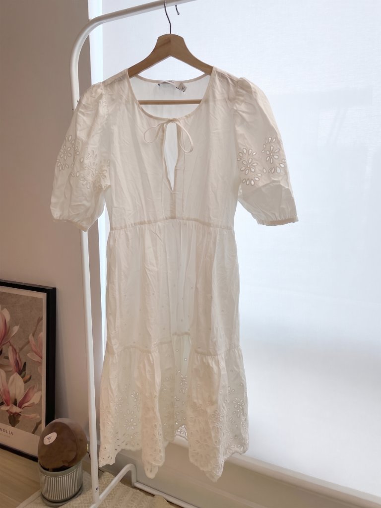 Coach Broderie Anglaise Puff Sleeve Organic Cotton Dress-White